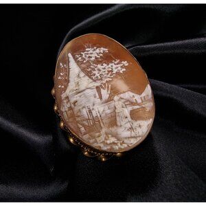 Unique Antique Victorian Shell Cameo Brooch Hand-Carved Pastoral Scene
